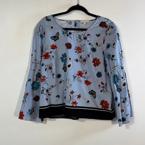 Jane and Delancey Bell Sleeve Top Large Button Down Back Blue Floral Butterfly